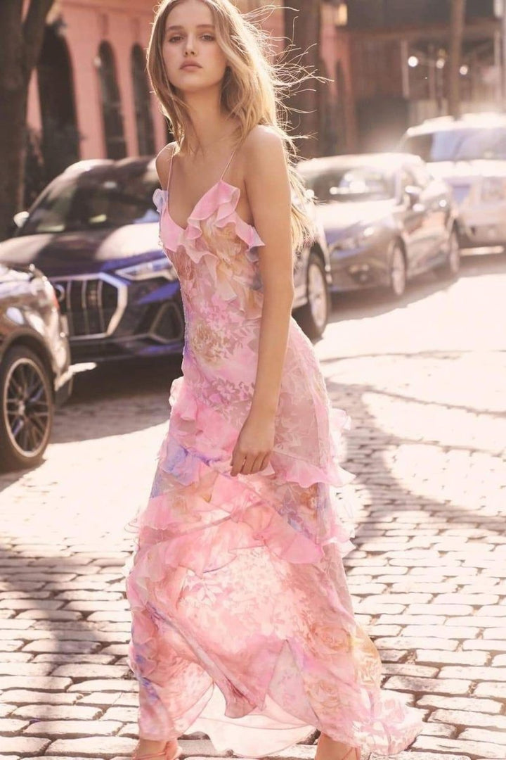 Virginia Çiçekli Fırfırlı Maxi Slip Elbise