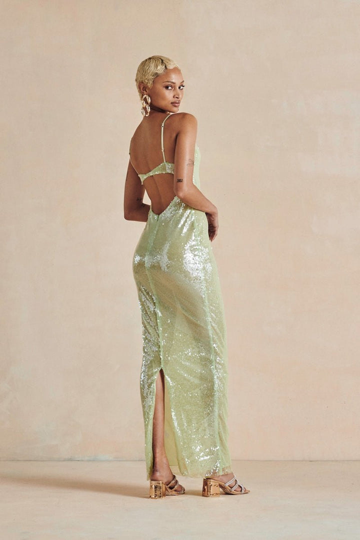 Vita Sırtı Açık Payetler Slip Maxi Elbise