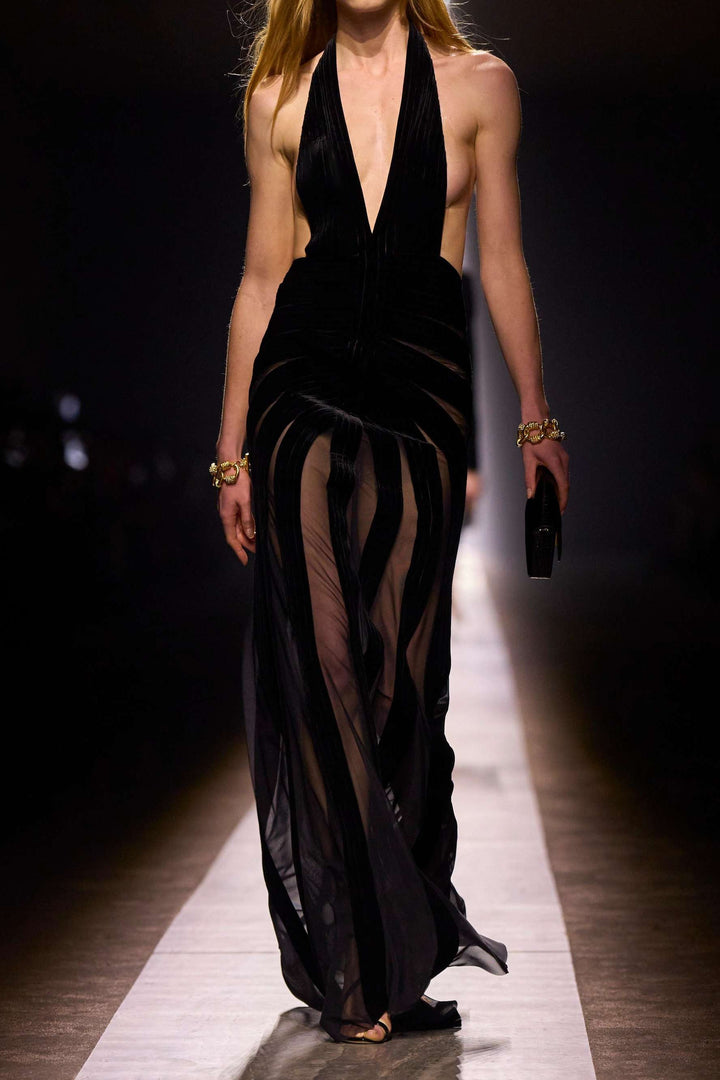 Novia Boyundan Bağlamalı Cut-Out Kadife Maxi Elbise