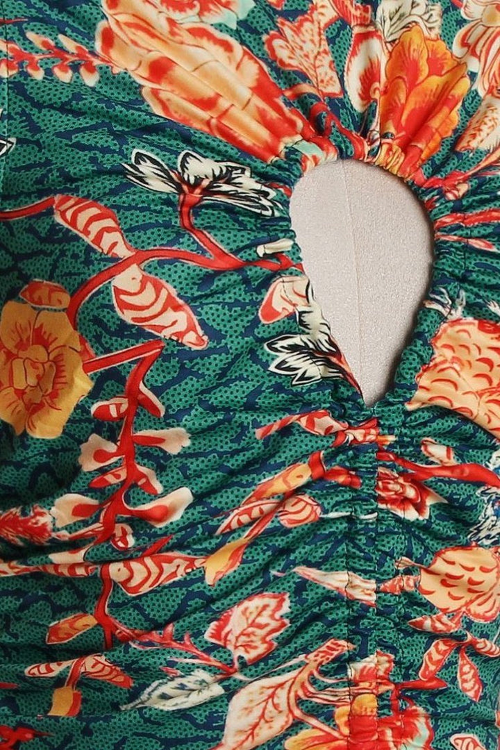 Wayne Baskılı Büzgülü Hollow Midi Elbise