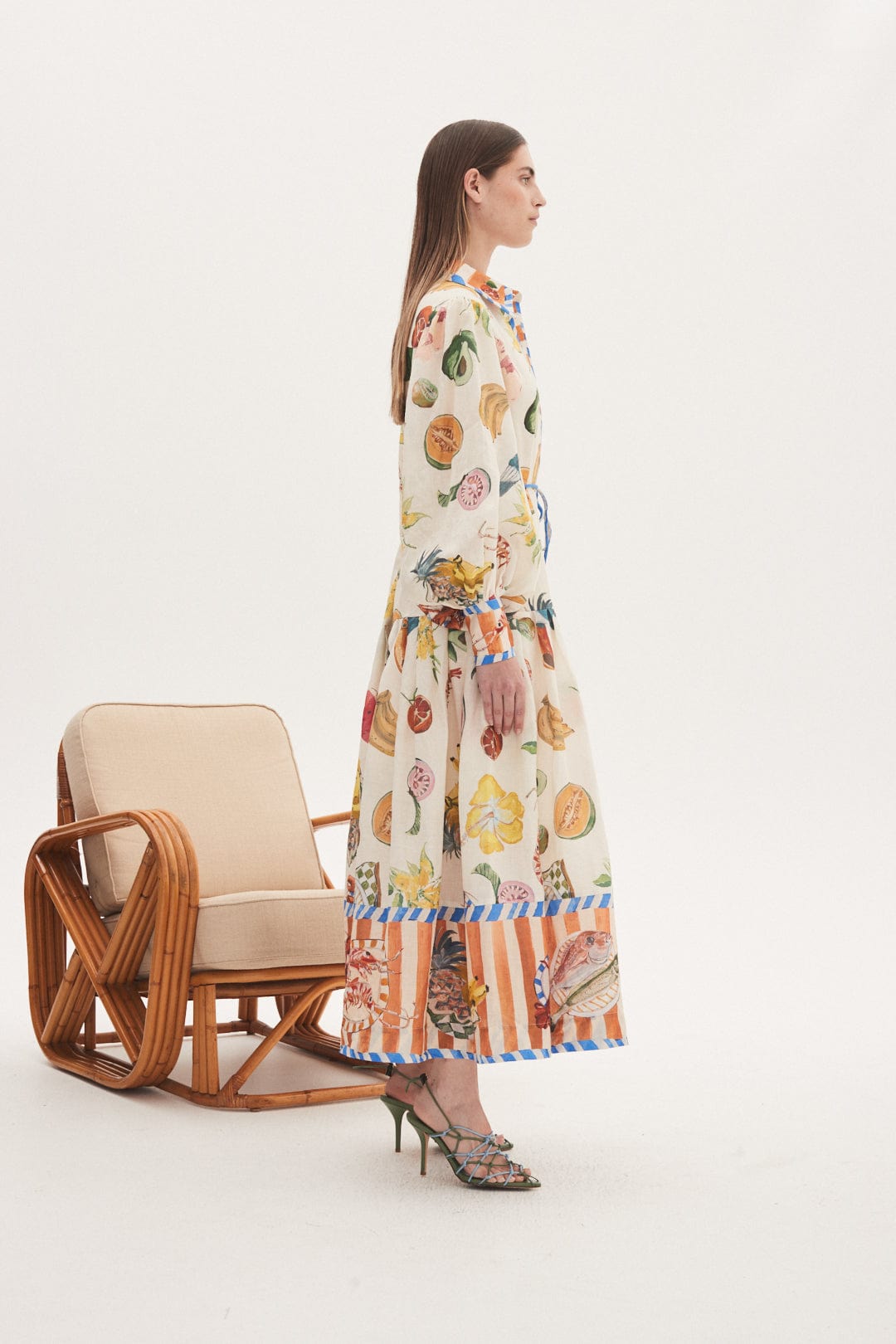 Willa Tropikal Baskılı Balon Kol Uzun Gömlek Elbise