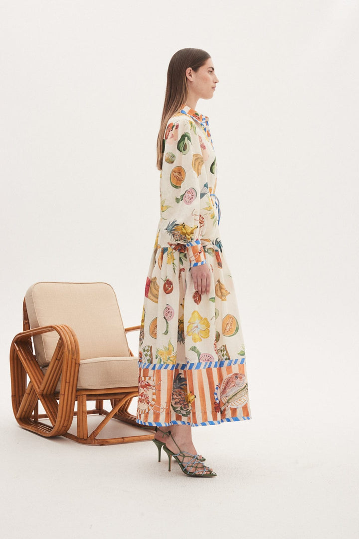 Willa Tropikal Baskılı Balon Kol Uzun Gömlek Elbise