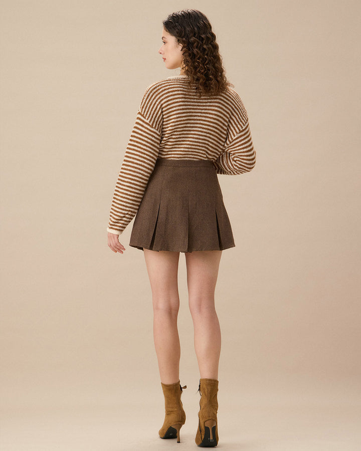 Kahverengi Çizgili Düşük Omuzlu Kazak