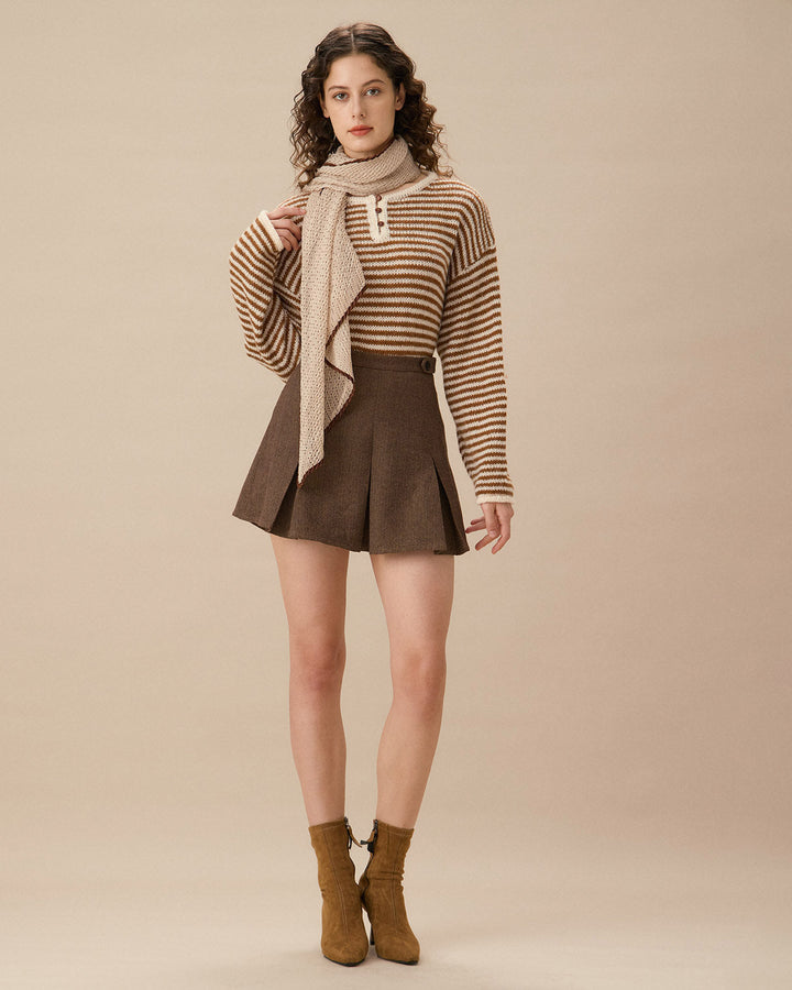 Kahverengi Çizgili Düşük Omuzlu Kazak