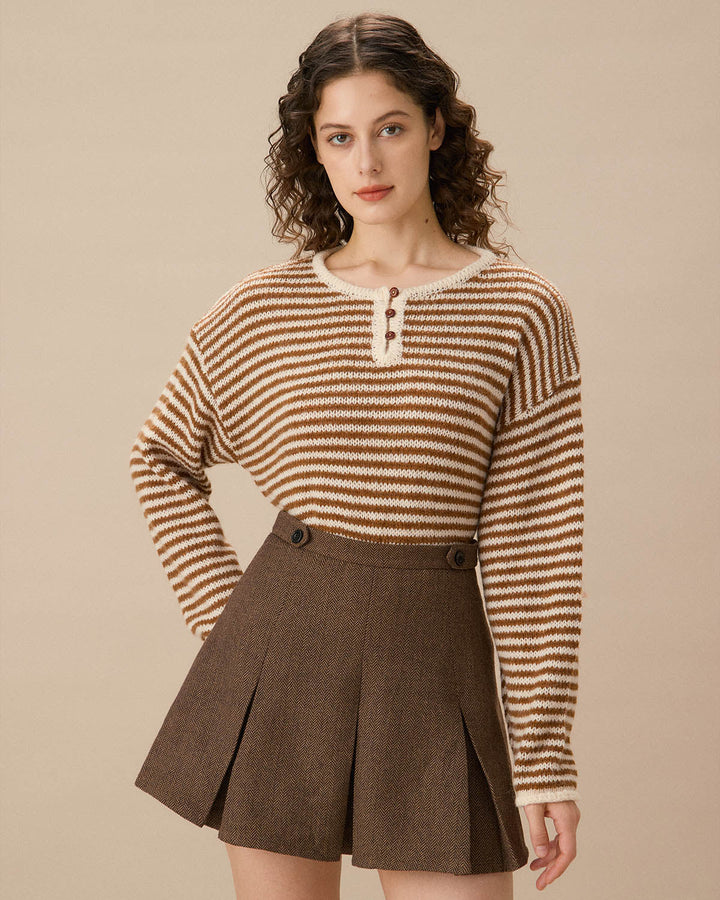 Kahverengi Çizgili Düşük Omuzlu Kazak