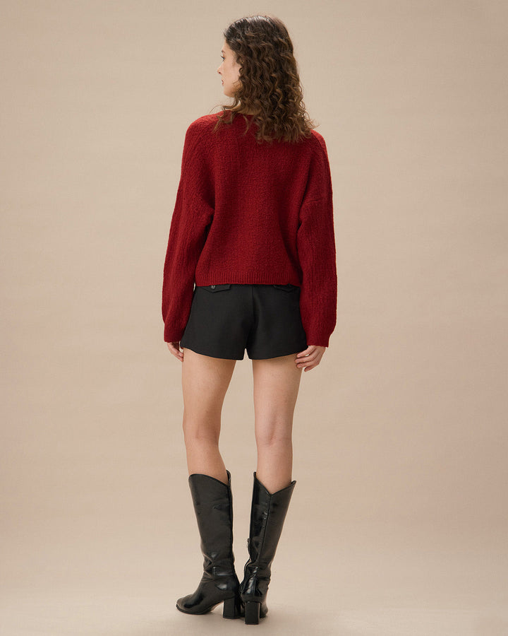 Kırmızı V Yaka Düşük Omuz Düğmeli Hırka