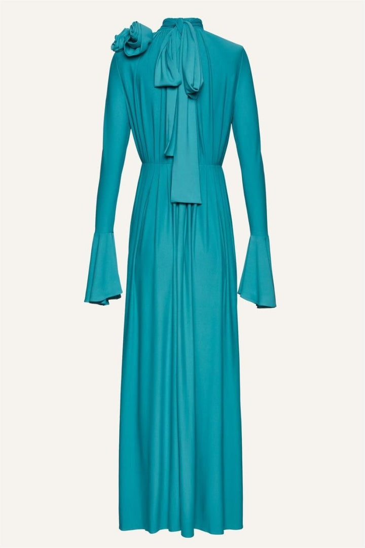 Yedda Çiçek Detaylı V Yaka Pileli Yırtmaçlı Maxi Elbise