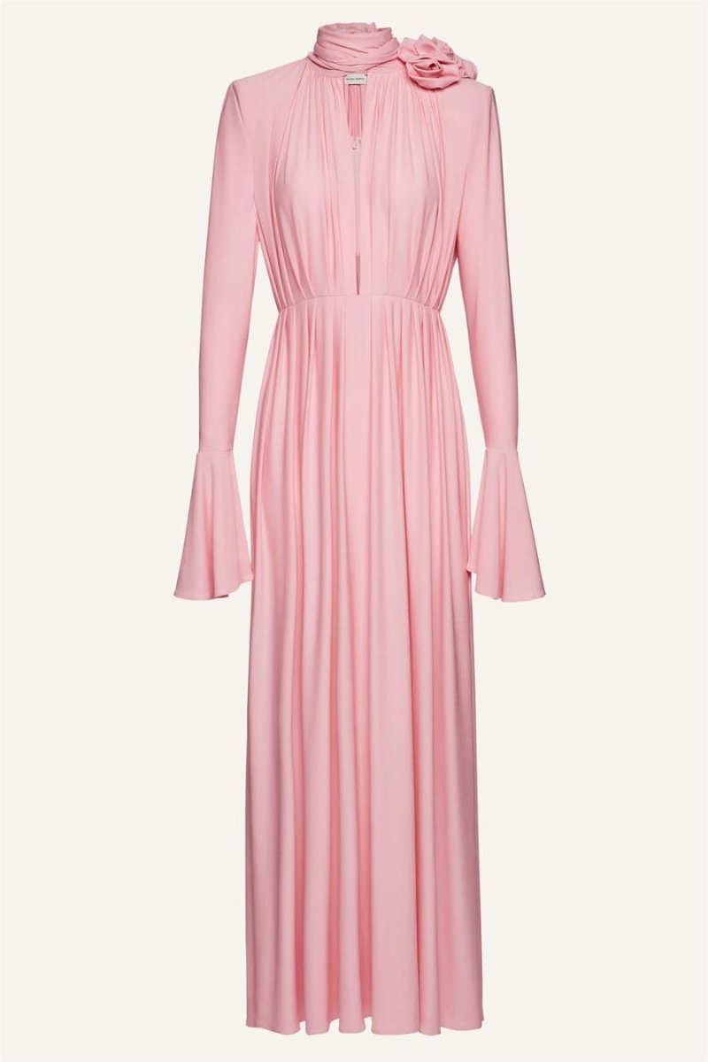 Yedda Çiçek Detaylı V Yaka Pileli Yırtmaçlı Maxi Elbise