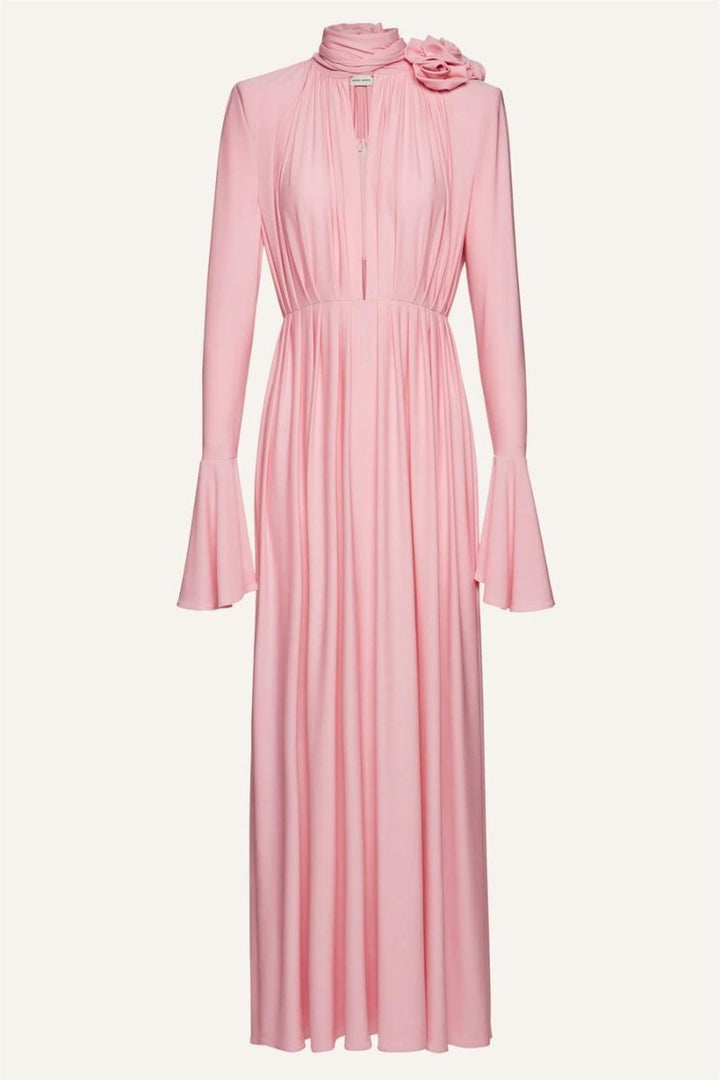 Yedda Çiçek Detaylı V Yaka Pileli Yırtmaçlı Maxi Elbise