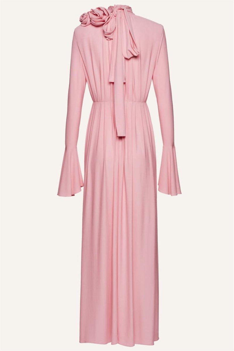 Yedda Çiçek Detaylı V Yaka Pileli Yırtmaçlı Maxi Elbise