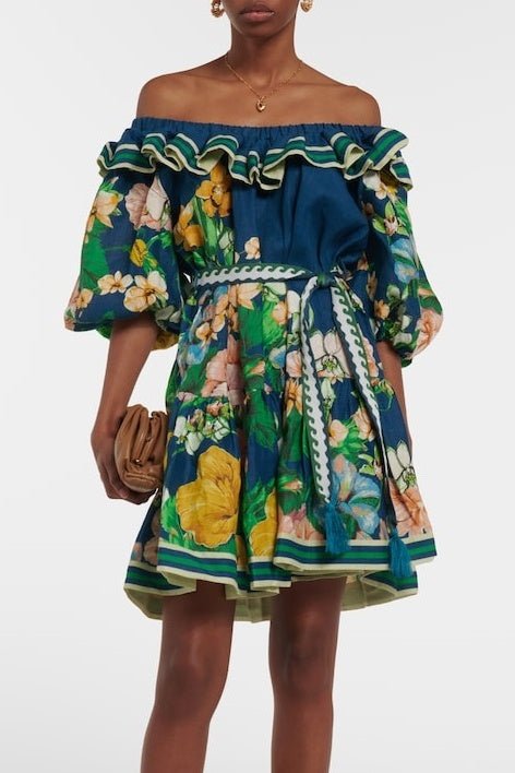 Yolanda Omuzu Açık Çiçek Baskılı Mini Elbise