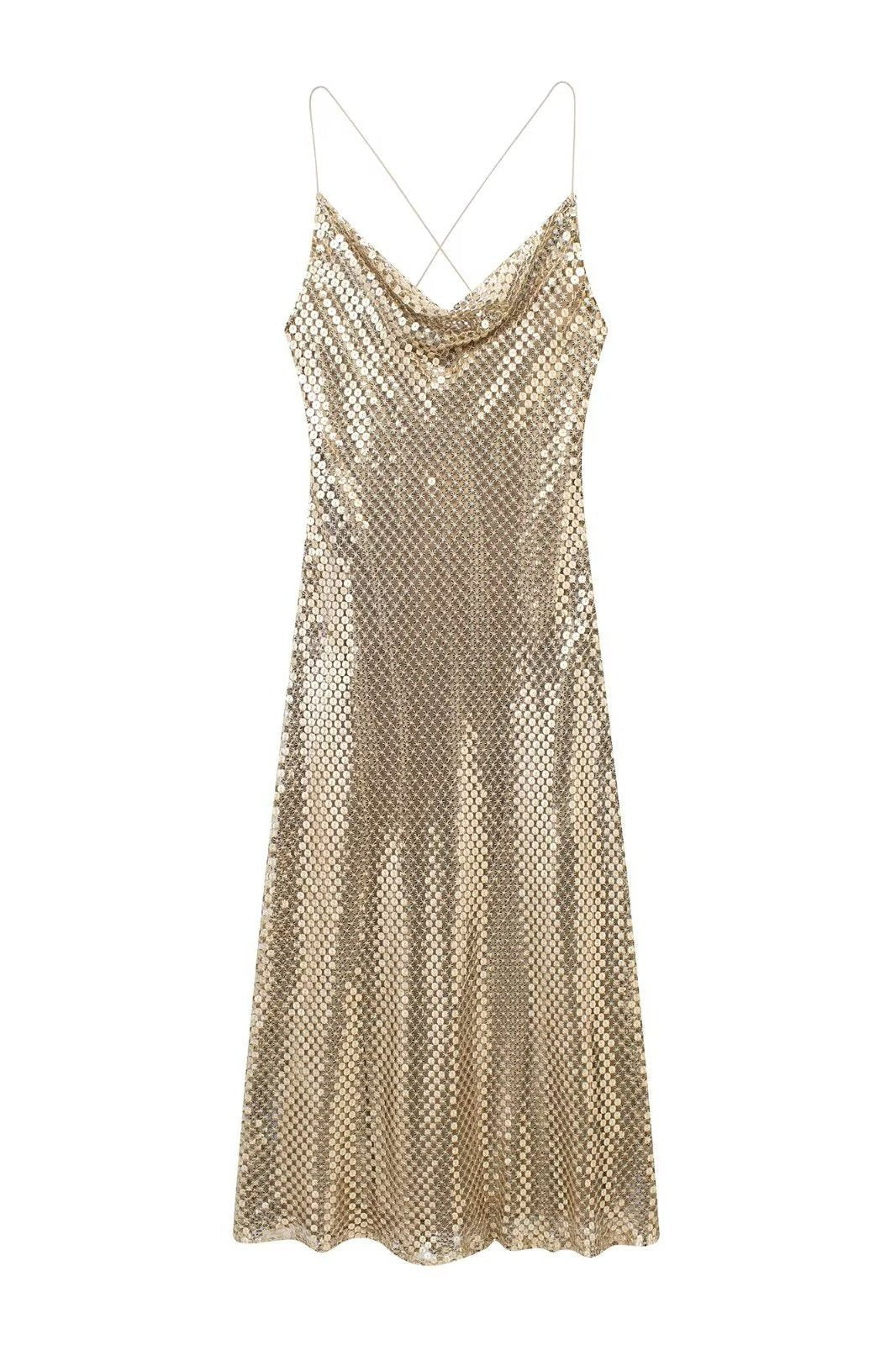 Yvette File Payetler Midi Slip Elbise