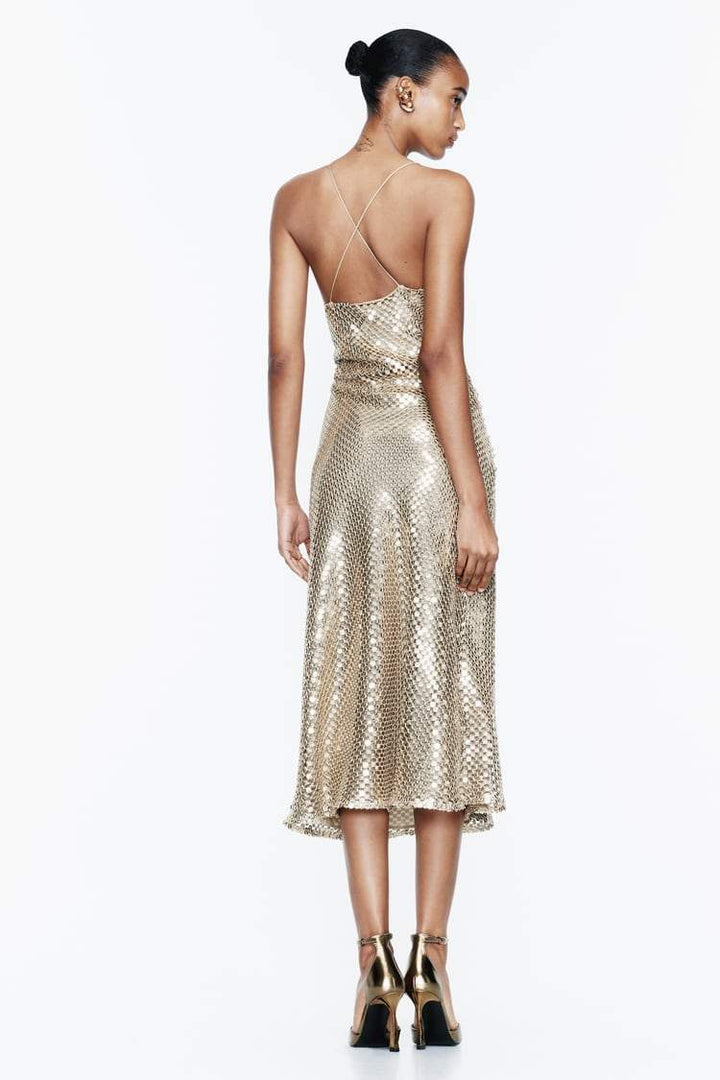 Yvette File Payetler Midi Slip Elbise