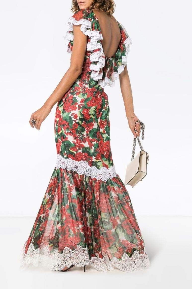 Yvette Baskılı Dantel Detaylı Maxi Elbise