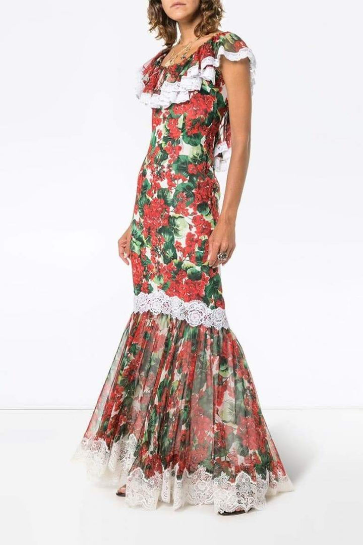 Yvette Baskılı Dantel Detaylı Maxi Elbise