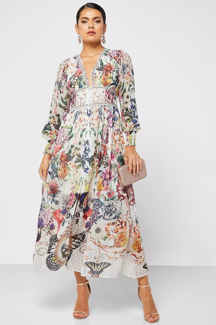 Yvette Baskılı V Yaka Şifon Maxi Elbise