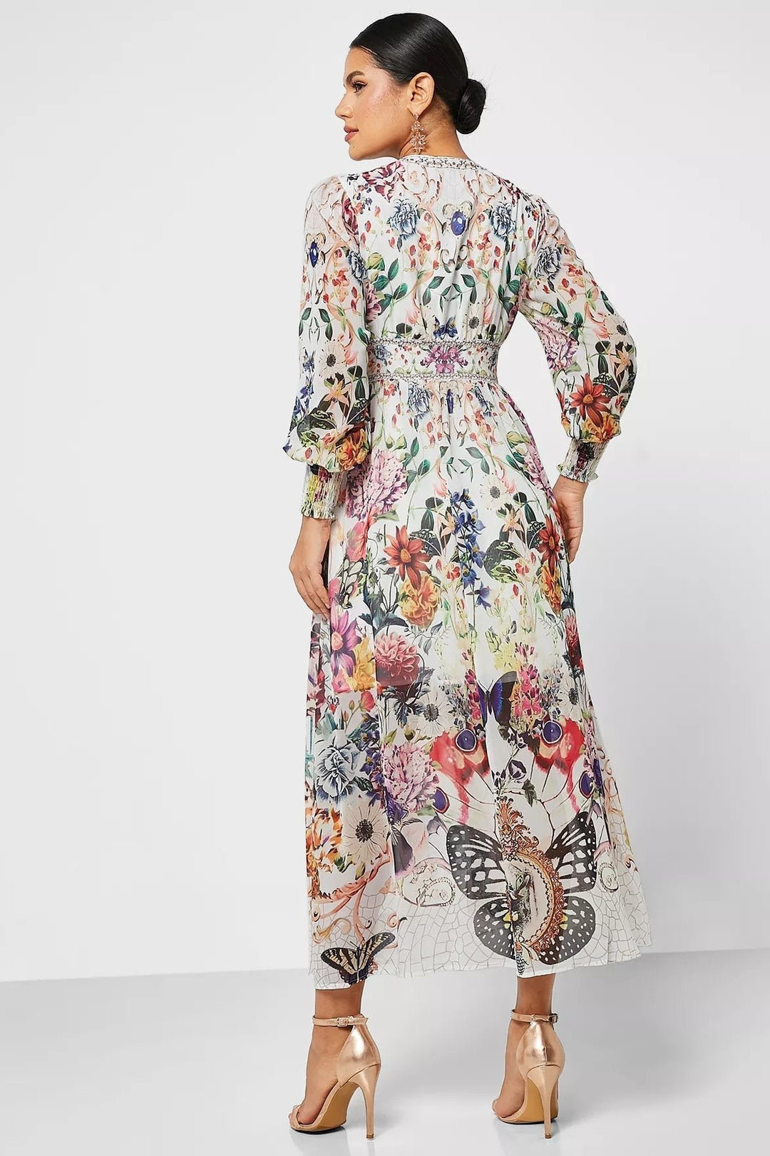 Yvette Baskılı V Yaka Şifon Maxi Elbise