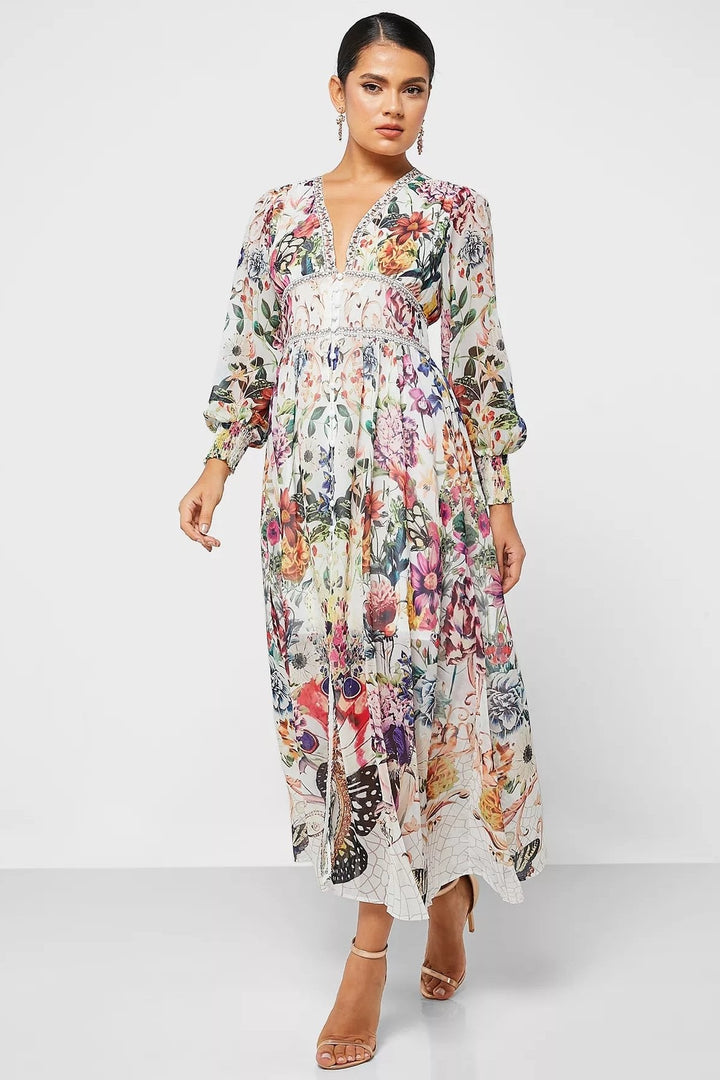 Yvette Baskılı V Yaka Şifon Maxi Elbise