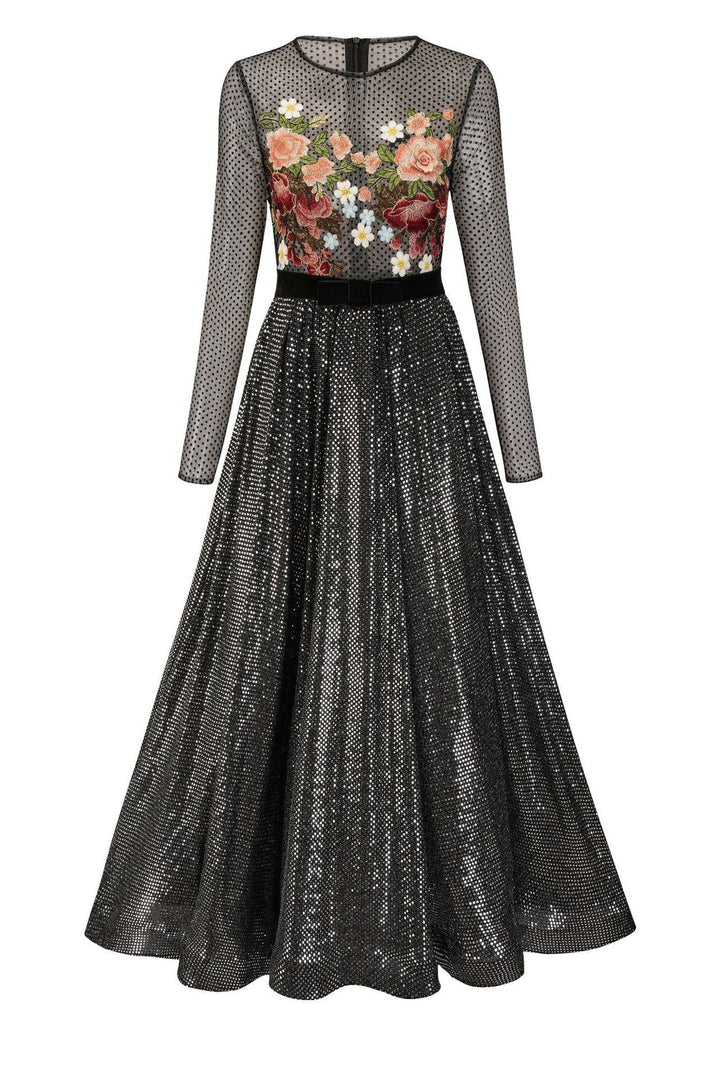 Zona Çiçek İşlemeli File Midi Elbise